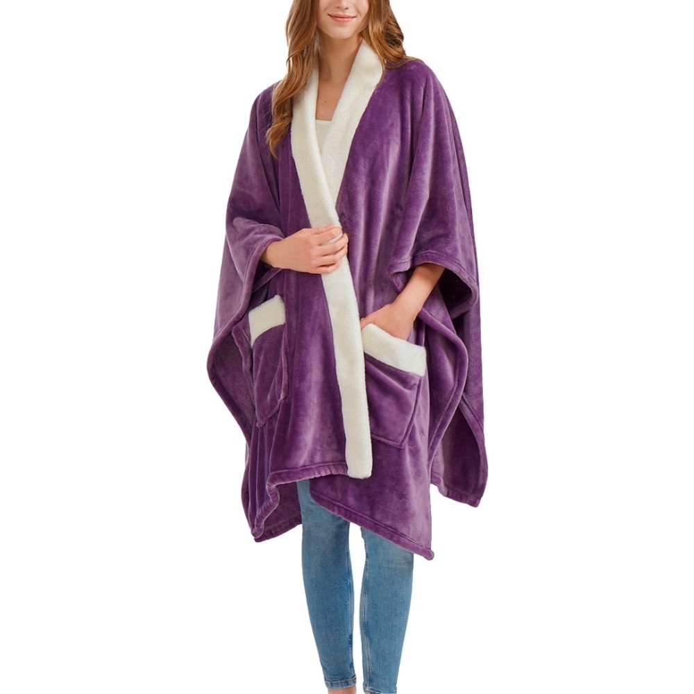 PURPLE !! Women's Purple Fleece Wrap Coat Deep Pockets Fall Winter NEW WITH TAGS